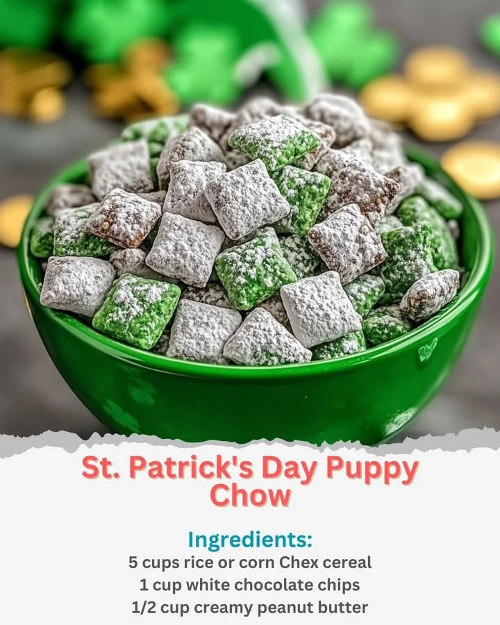 St. Patrick's Day themed puppy chow decorated with green sprinkles.