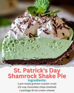 St. Patrick's Day Shamrock Shake Pie topped with whipped cream and mint.