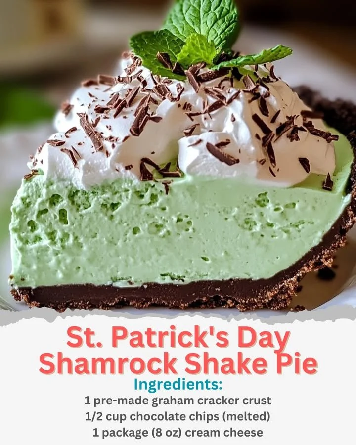 St. Patrick's Day Shamrock Shake Pie topped with whipped cream and mint.