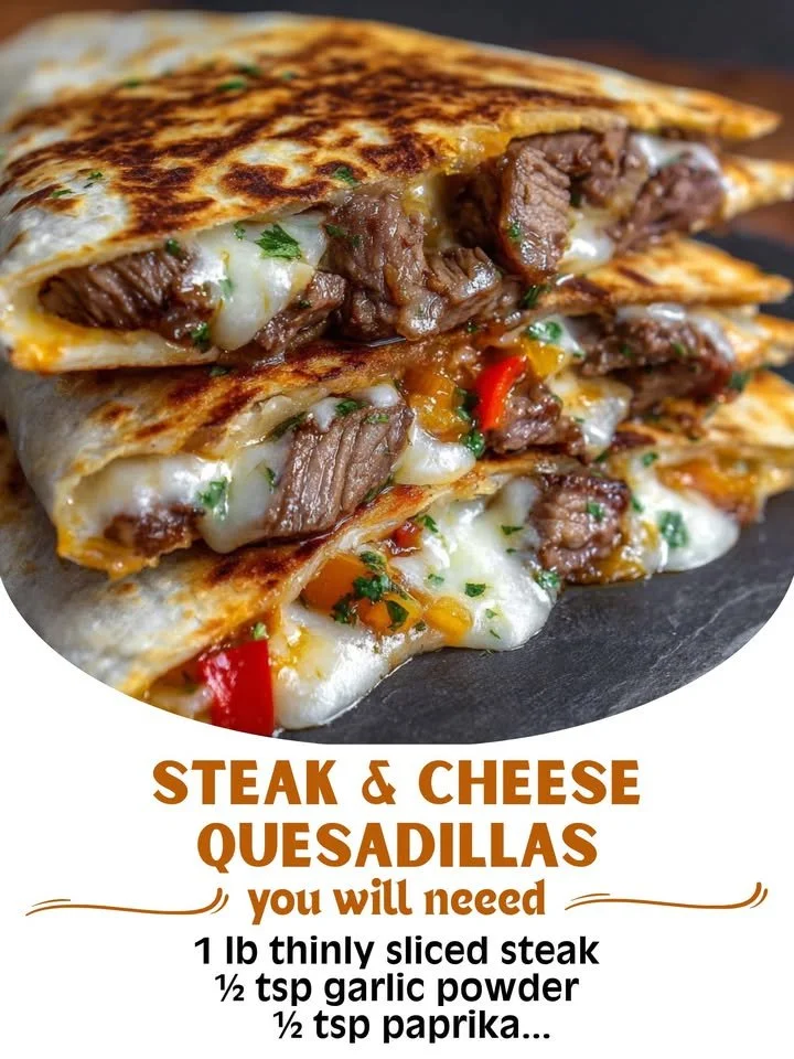 Delicious steak and cheese quesadillas on a plate, garnished with salsa and fresh herbs.