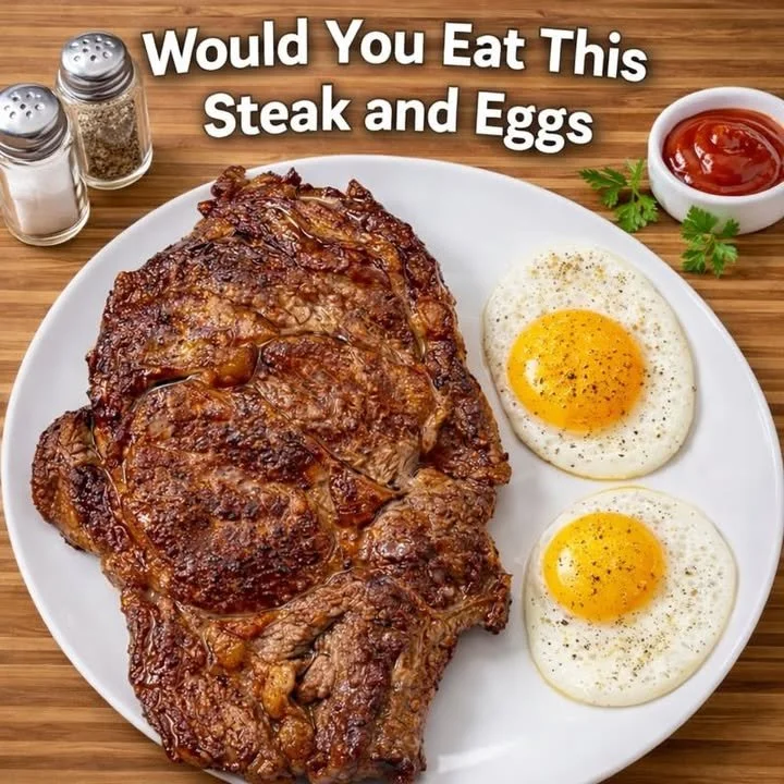 Plate of steak and eggs served with fresh vegetables