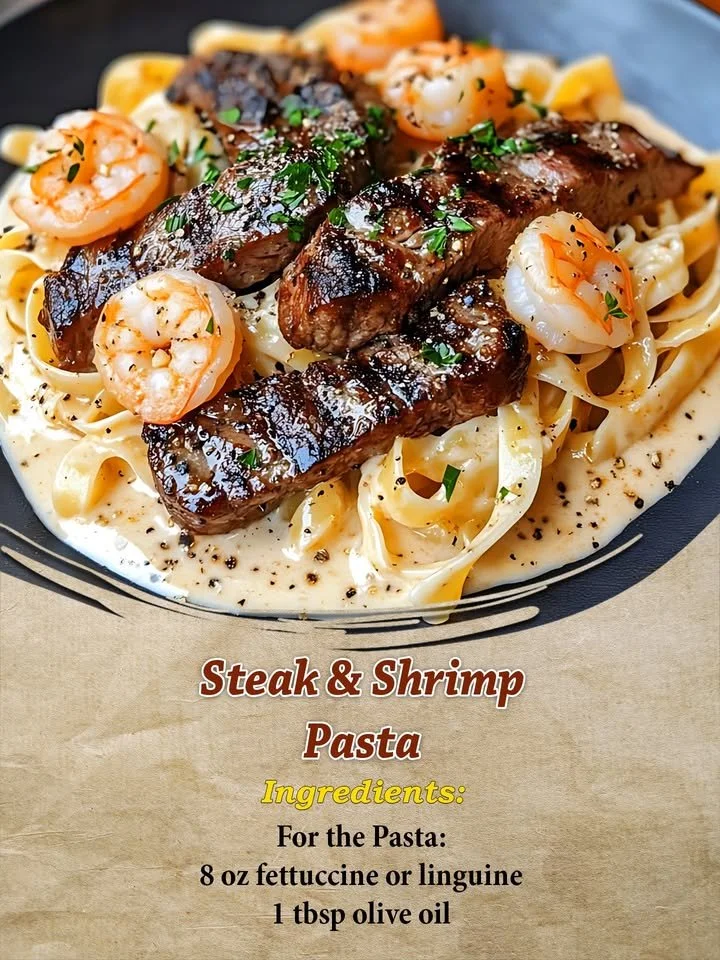 Plate of flavorful Steak & Shrimp Pasta garnished with herbs and spices