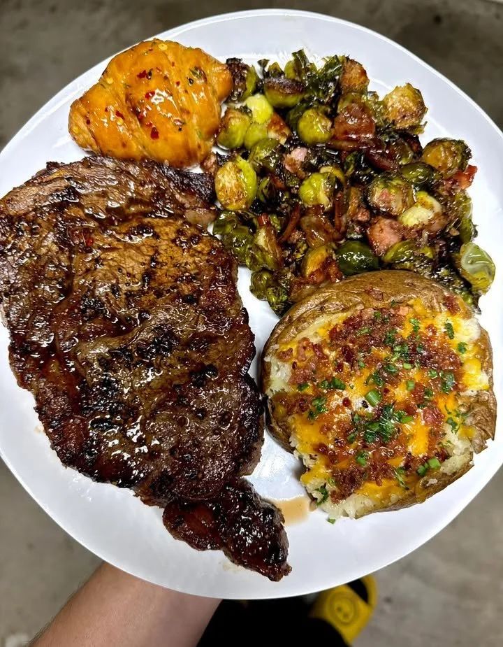 Steak with Balsamic Roasted Brussels Sprouts & Loaded Baked Potato