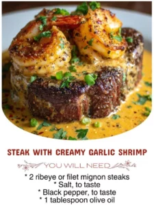 Succulent steak topped with creamy garlic shrimp in a gourmet presentation