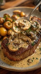 Delicious steak served with creamy mushroom sauce