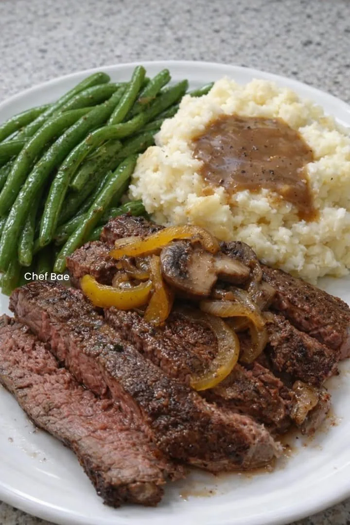 Delicious steak with mashed potatoes and green beans on a plate