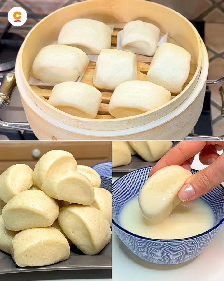 Steamed Chinese buns filled with savory ingredients on a plate