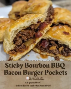 Sticky Bourbon BBQ Bacon Burger Pockets ready to serve with a side view.
