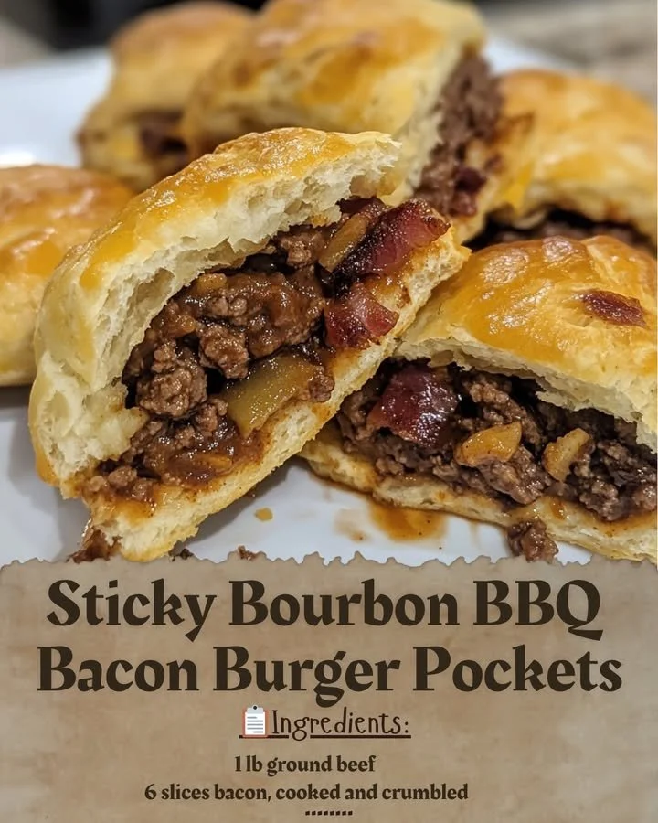 Sticky Bourbon BBQ Bacon Burger Pockets ready to serve with a side view.