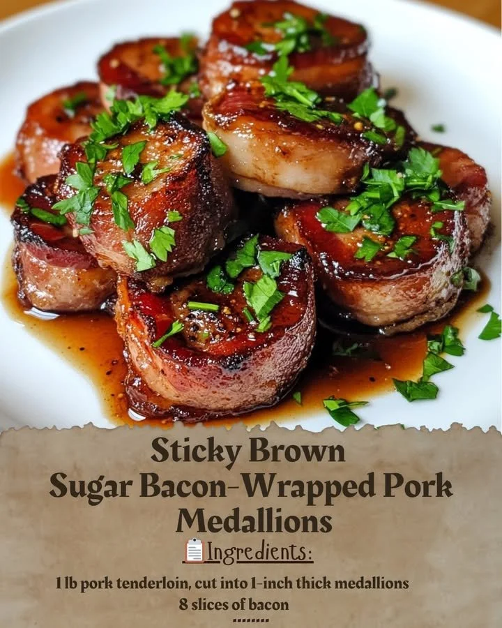 Sticky brown sugar bacon-wrapped pork medallions garnished on a plate