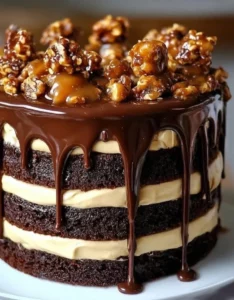 Sticky Chocolate Caramel Turtle Layer Cake topped with chocolate and caramel drizzle
