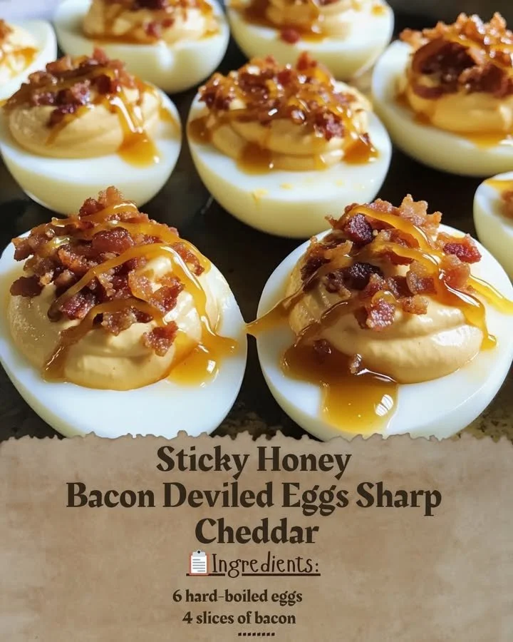 Sticky Honey Bacon Deviled Eggs topped with Sharp Cheddar on a serving platter