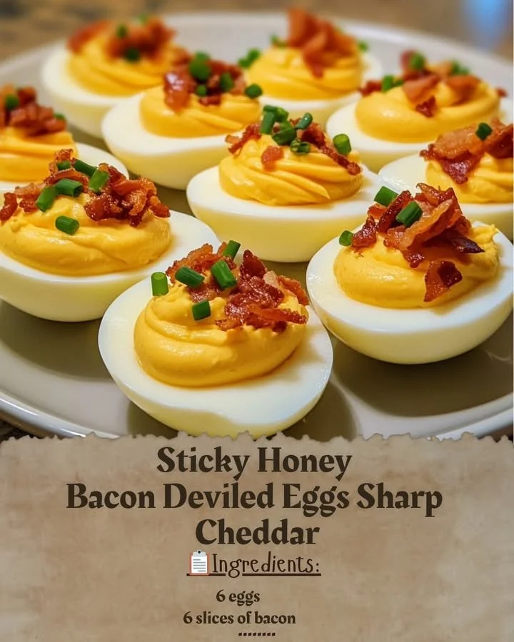 Sticky Honey Bacon Deviled Eggs topped with Sharp Cheddar on a plate