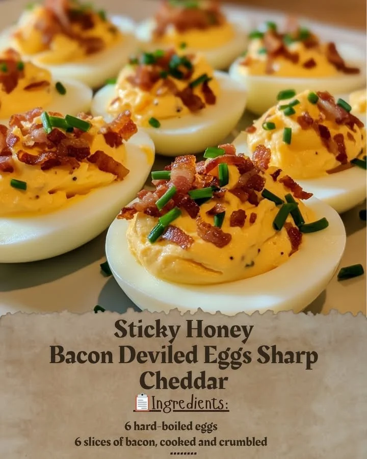 Sticky Honey Bacon Deviled Eggs with Sharp Cheddar