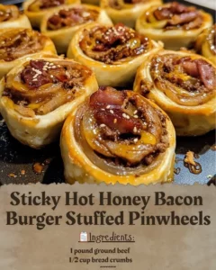 Sticky Hot Honey Bacon Burger Stuffed Pinwheels on a plate