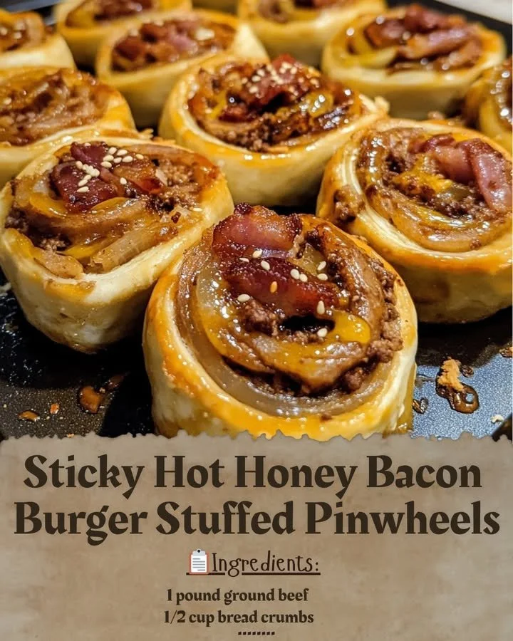 Sticky Hot Honey Bacon Burger Stuffed Pinwheels on a plate