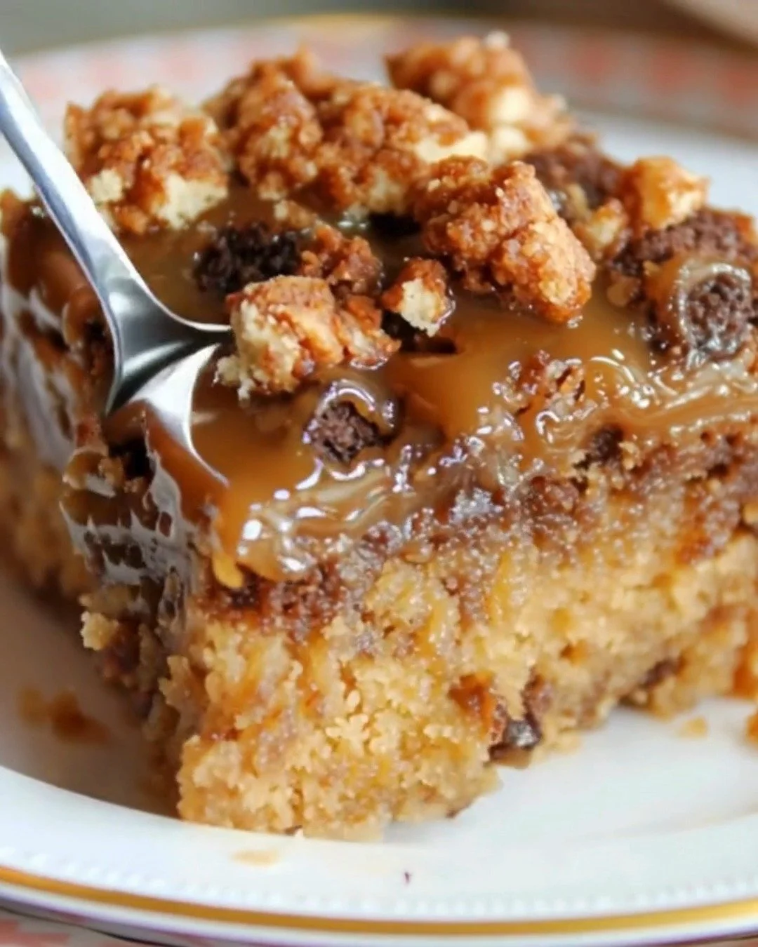 Delicious sticky toffee cake topped with caramel sauce and served on a plate