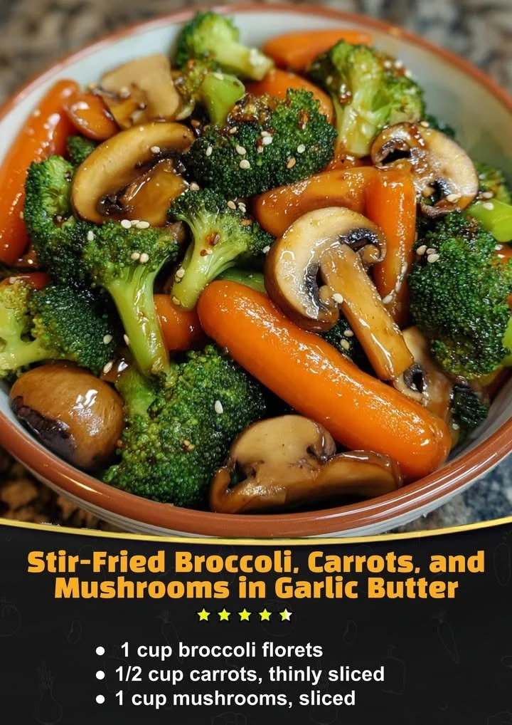 Stir-fried vegetables with broccoli, carrots, and mushrooms in garlic butter