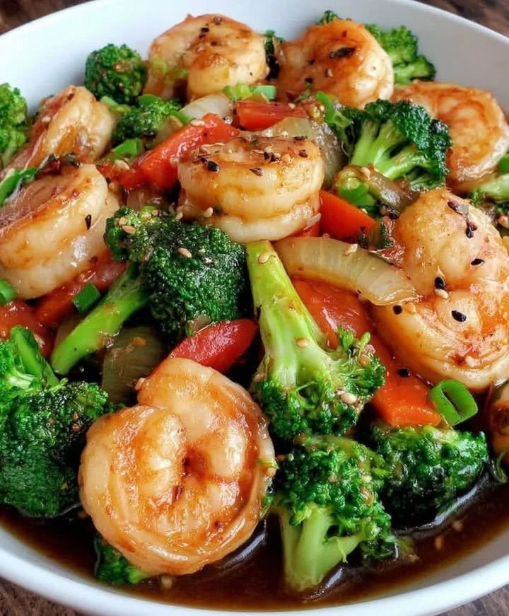 Delicious stir-fried shrimp with broccoli in a savory sauce