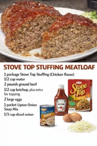 Stove Top Stuffing Meatloaf served with mashed potatoes and green beans.