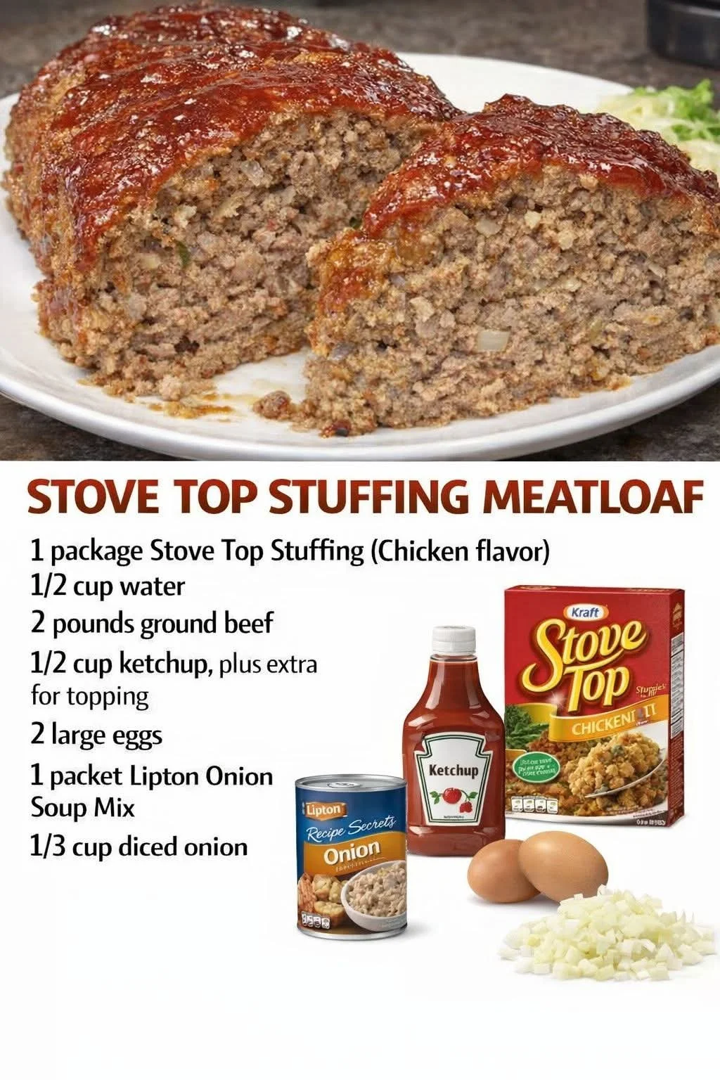 Stove Top Stuffing Meatloaf served with mashed potatoes and green beans.