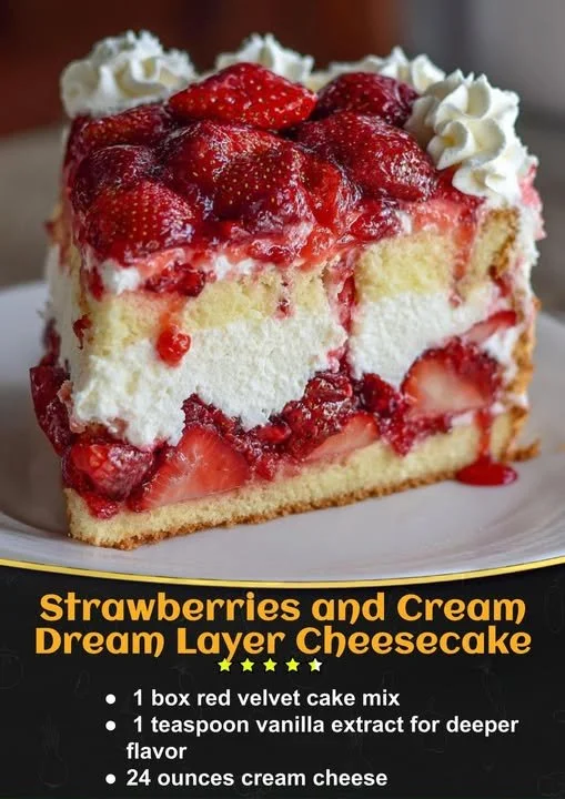 Strawberries and Cream Dream Layer Cheesecake adorned with fresh strawberries