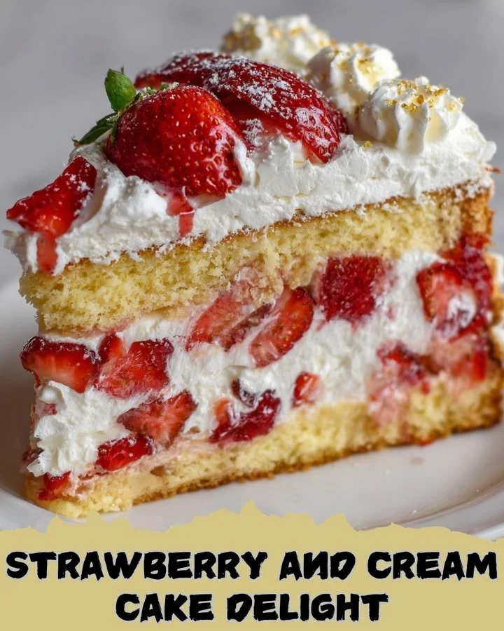 Delicious strawberry and cream cake delight with fresh strawberries on top.