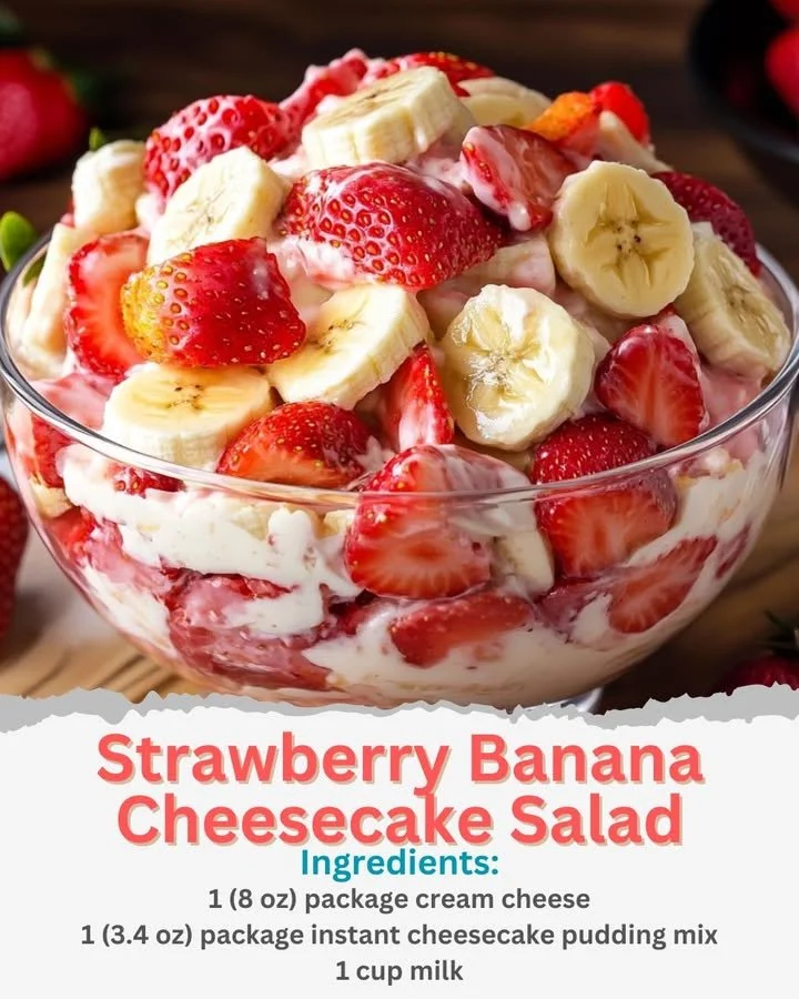 Delicious Strawberry Banana Cheesecake Salad in a bowl with fresh fruits