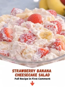 Delicious Strawberry Banana Cheesecake Salad served in a bowl.