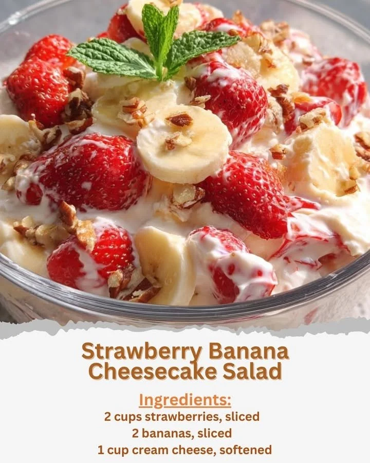 Delicious Strawberry Banana Cheesecake Salad in a bowl