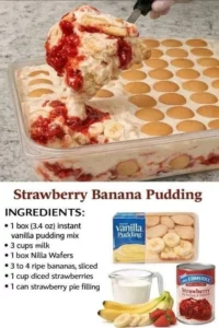 Delicious homemade strawberry banana pudding in a glass bowl