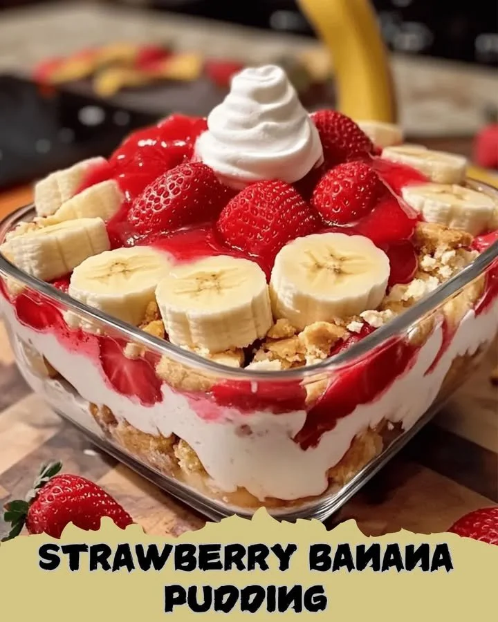 Delicious Strawberry Banana Pudding in a bowl, topped with fresh strawberries and bananas.