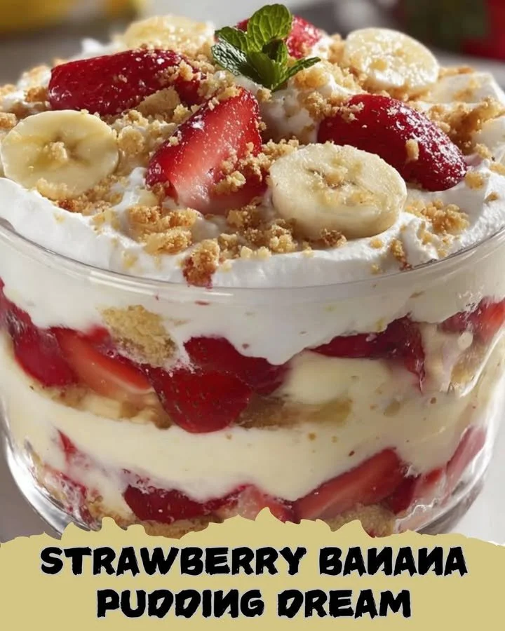 Delicious strawberry banana pudding dessert with fresh strawberries and bananas