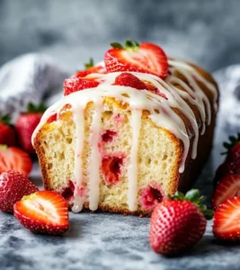 Slices of homemade strawberry bread on a wooden table