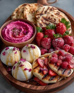 Strawberry Burrata on rose flatbreads with beet hummus, a vibrant appetizer dish.