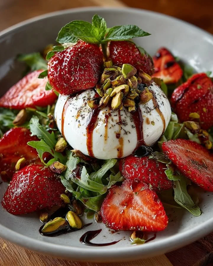 Strawberry Burrata Salad with Balsamic Reduction and Pistachios