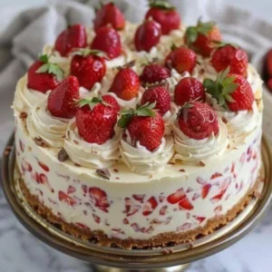 Homemade strawberry cake topped with fresh strawberries and whipped cream.
