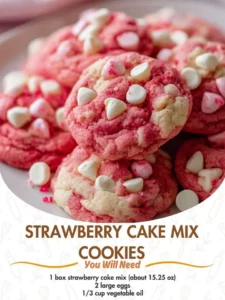 Delicious strawberry cake mix cookies on a white plate with fresh strawberries