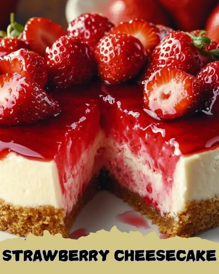 Delicious strawberry cheesecake topped with fresh strawberries.