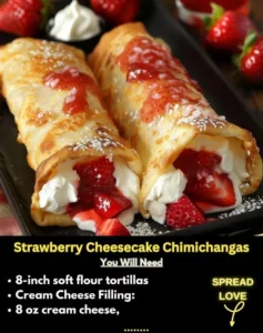 Delicious strawberry cheesecake chimichangas served with fresh strawberries