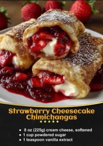 Delicious Strawberry Cheesecake Chimichangas served with fresh strawberries.