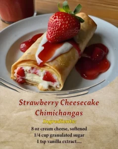 Strawberry Cheesecake Chimichangas served on a plate.