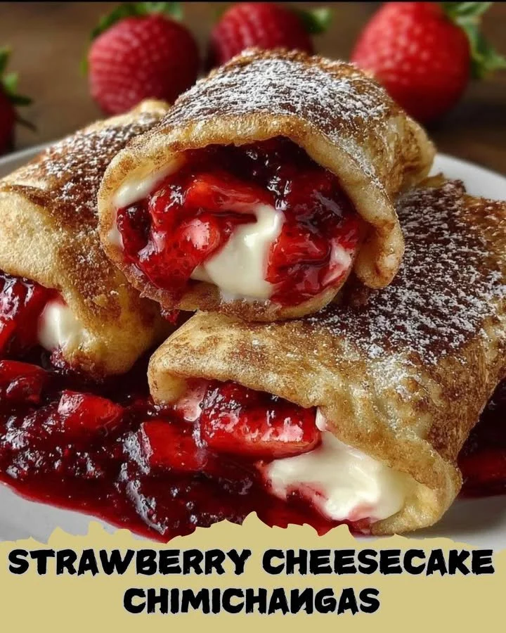 Delicious strawberry cheesecake chimichangas drizzled with strawberry sauce