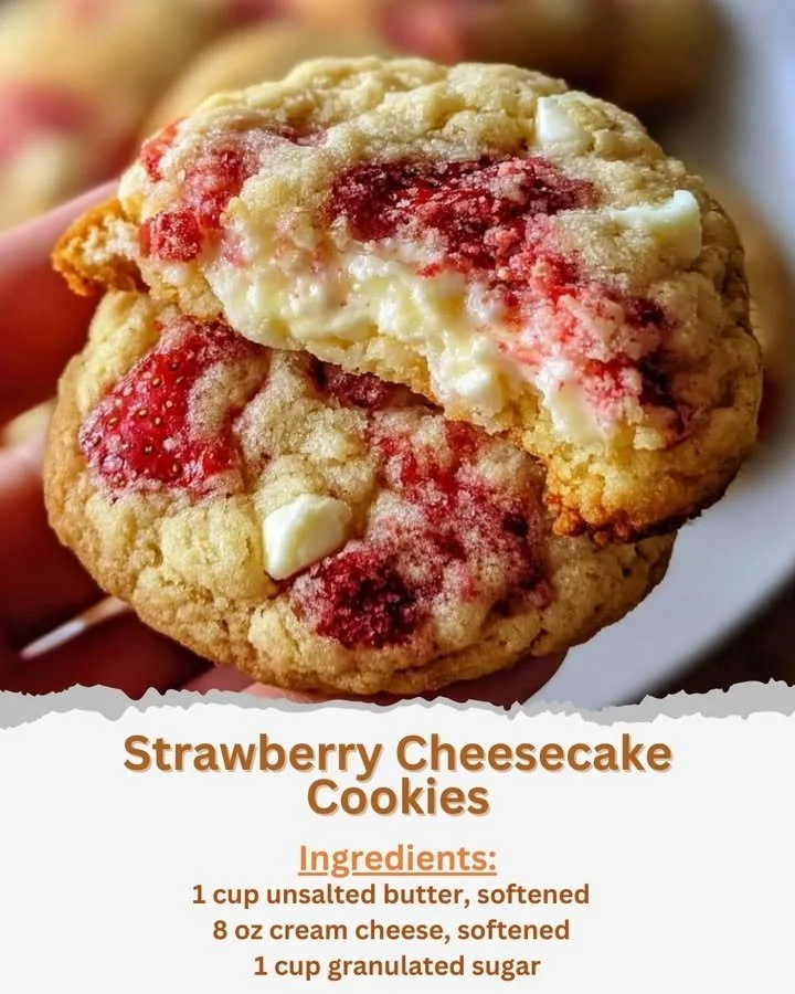 Freshly baked Strawberry Cheesecake Cookies on a plate, garnished with strawberries.