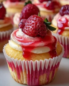 Delicious strawberry cheesecake cupcakes topped with fresh strawberries.
