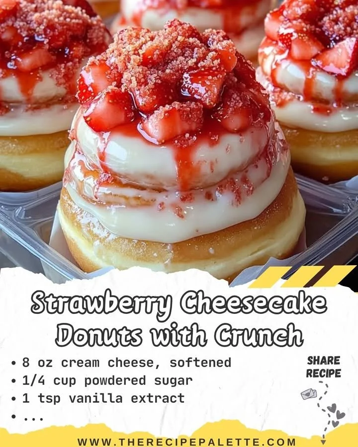 Strawberry cheesecake donuts with a crunchy topping on a plate