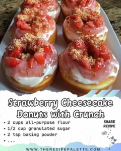 Strawberry cheesecake donuts with a crunchy topping