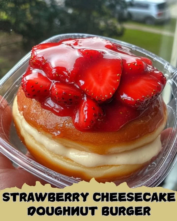 Strawberry cheesecake doughnut burger topped with fresh strawberries and whipped cream