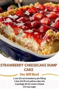 Strawberry Cheesecake Dump Cake topped with fresh strawberries and whipped cream