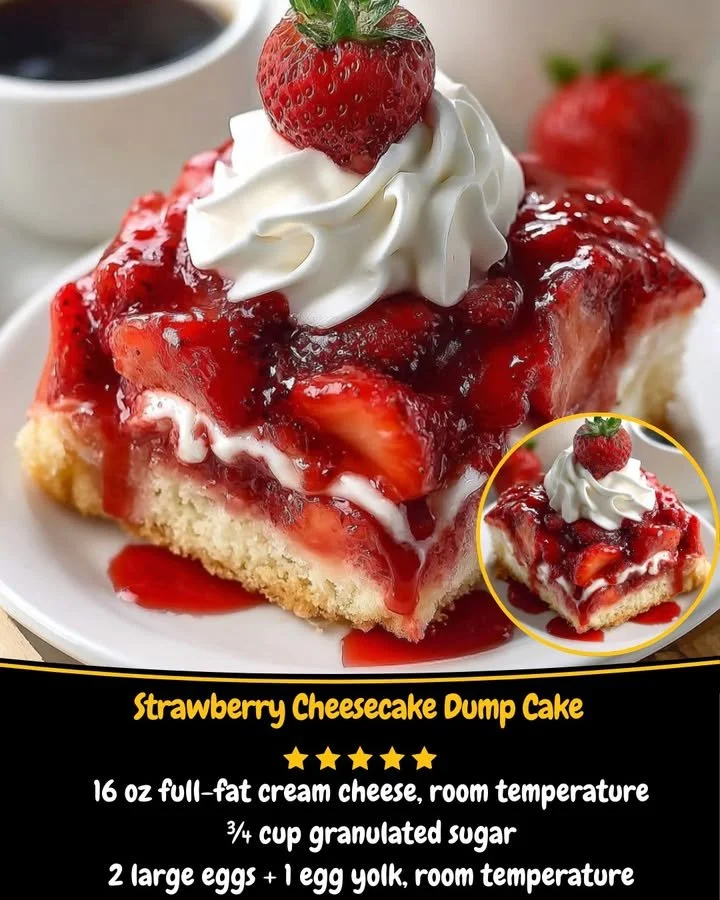 Delicious strawberry cheesecake dump cake served on a plate with fresh strawberries